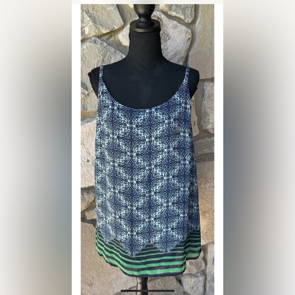 CAbi 107 Tunic Tank‎ Top Cami Medium Blue Multicolor Paisly Chiffon Lined NEW